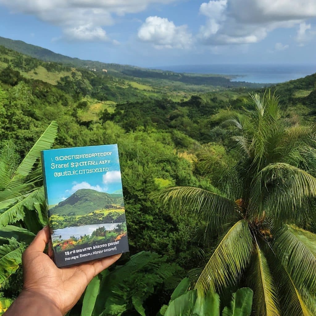A book titled 'Contemporary Jamaican Authors: A New Wave of Literary Talent' rests against a backdrop of lush Jamaican scenery, including palm trees, mountains, and the Caribbean Sea.